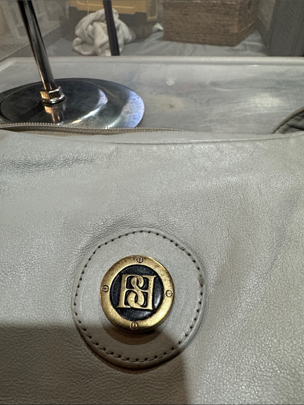 Designer Gray Botellis leather Shoulder Bag with Brass Logo Medallion